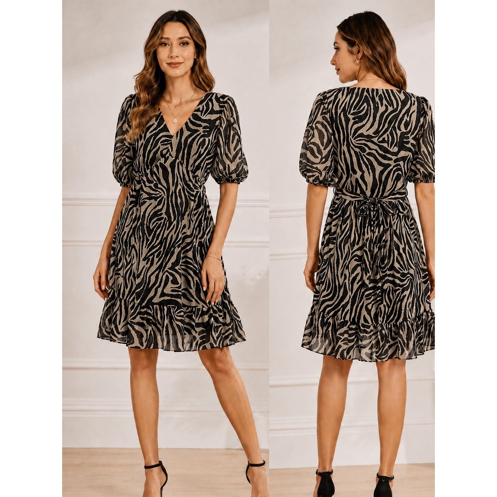 Lily Morgan Black Beige Zebra Print Mini Dress S Puff Sleeve Tie Waist V-Neck